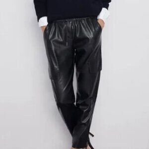 Black Zara Faux Leather Elastic Drawstring Waist Cargo Jogger Pants
